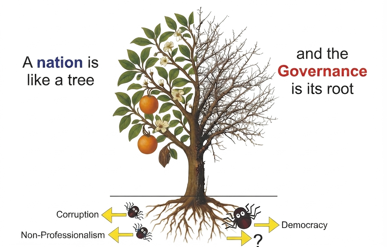 A nation is like a tree and the governance is its root: a tree green, flowering and fruiting on one half and bare and dried on the other, with its exposed roots below being fed on by pests labelled corruption and non-professionalism, and an arrow toward democracy left as an open question.